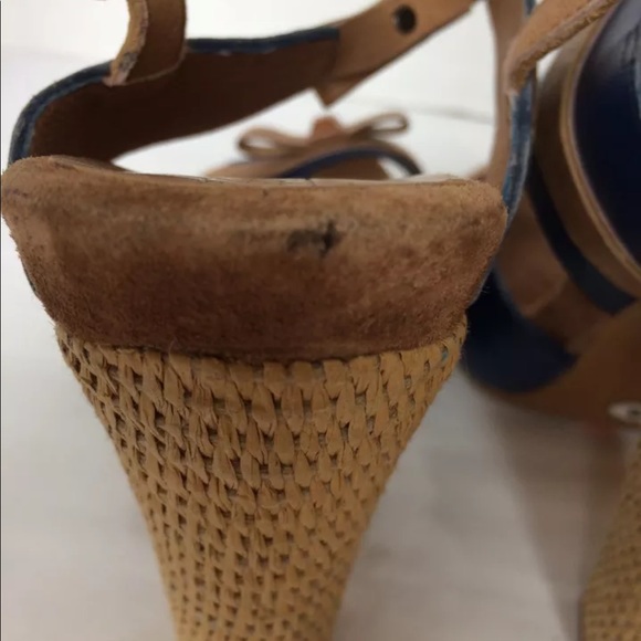 New Juicy Couture Women Block Heel Peep Toe Leather Raffia Navy Blue 9 Shoes - Picture 8 of 12